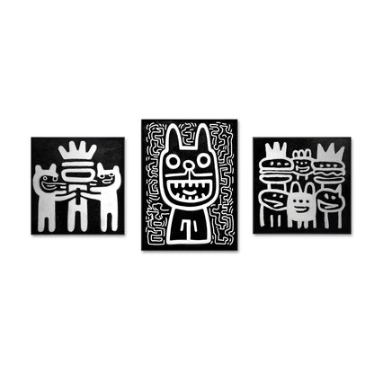 Original black and white triptych pop street art, funny dog figures, abstract urban cartoon style, modern monochromatic décor.