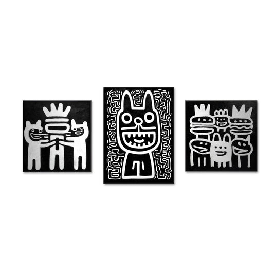 Original black and white triptych pop street art, funny dog figures, abstract urban cartoon style, modern monochromatic décor.