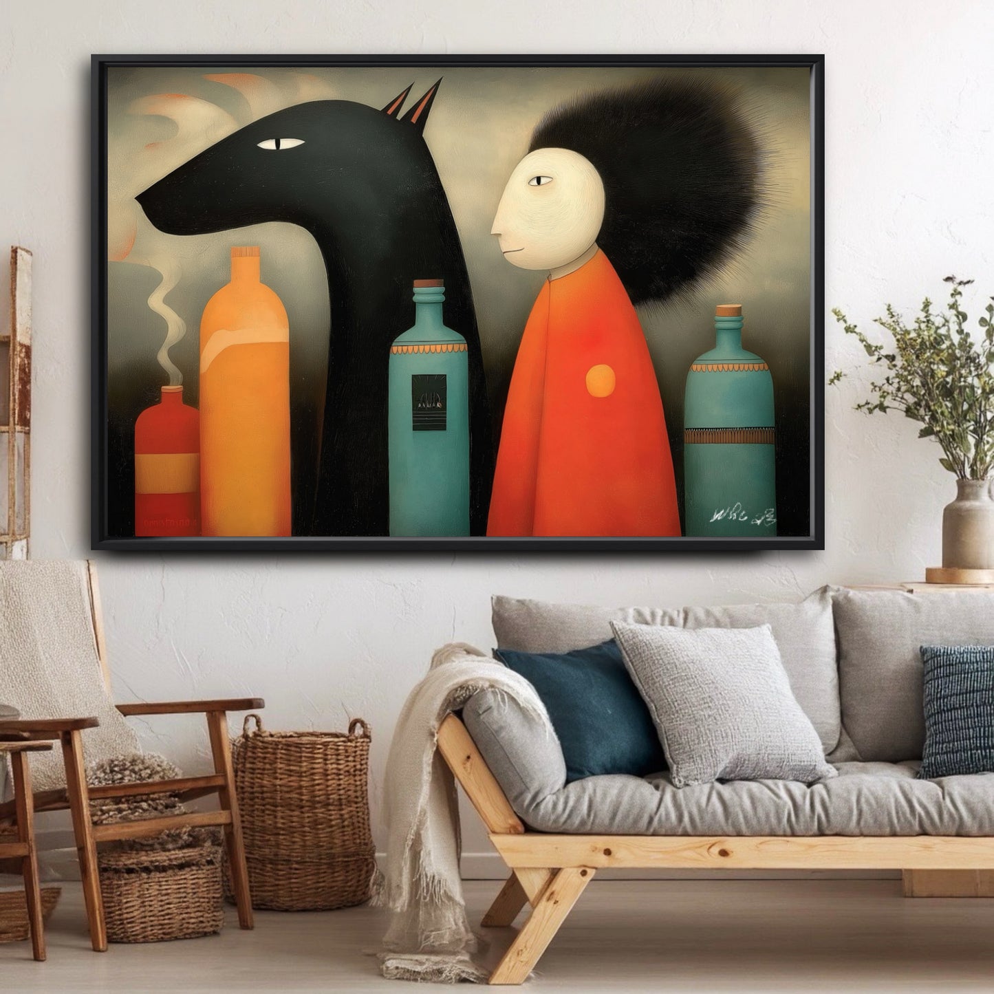 Surreal teal and orange painting adds a vibrant color pop to a neutral Scandi living room with grey seating and woven baskets.