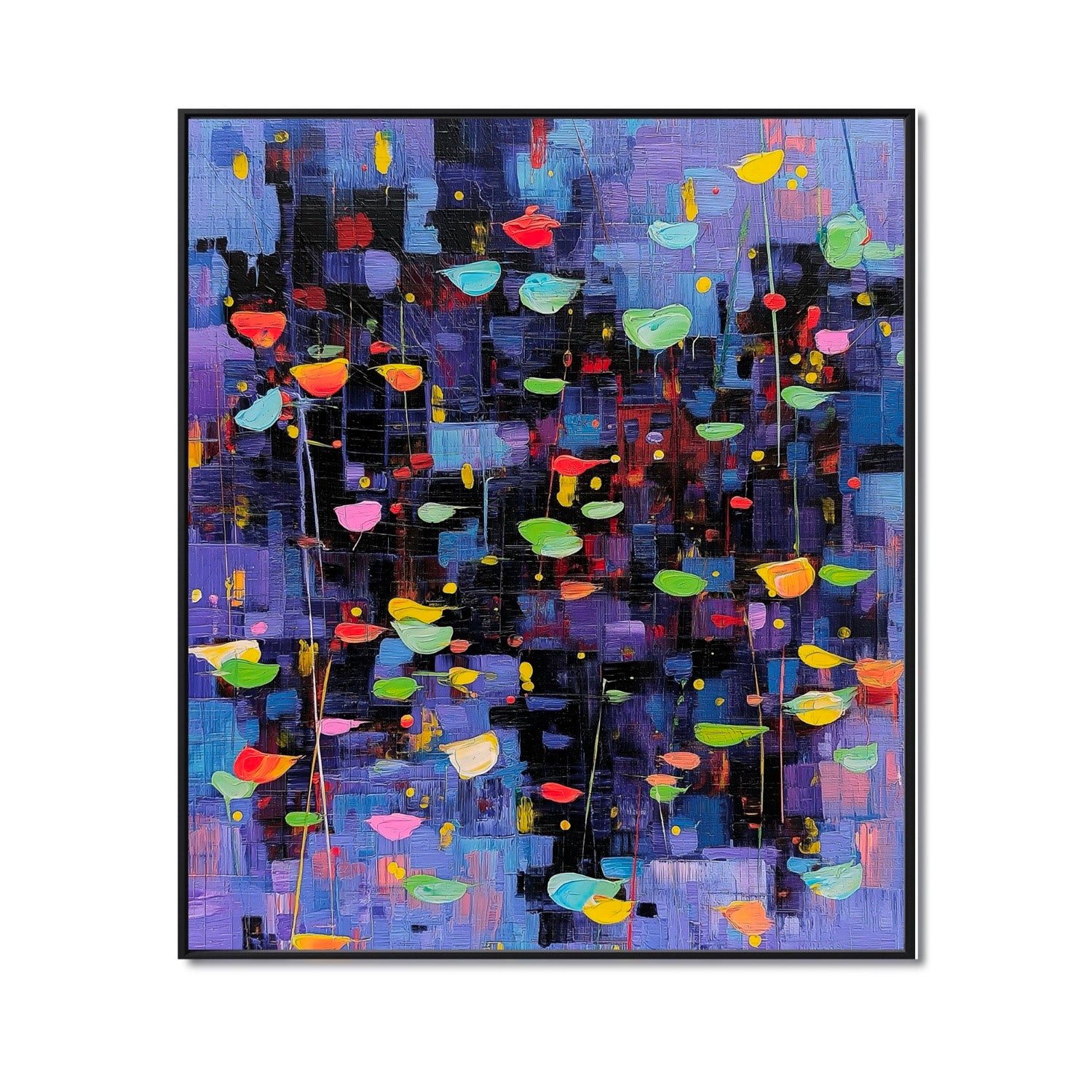 Original hand-painted Abstract Floral painting. Textured cool purple/blue background with vibrant floating shapes. Expressionist Wall Art.
