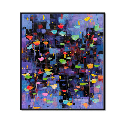 Original hand-painted Abstract Floral painting. Textured cool purple/blue background with vibrant floating shapes. Expressionist Wall Art.