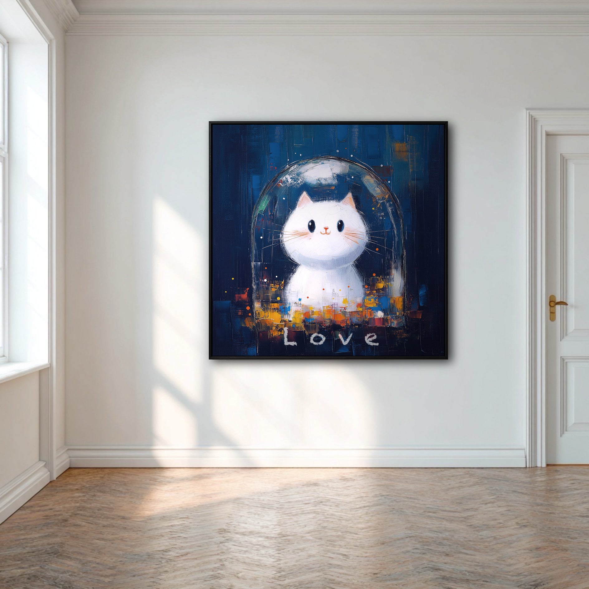 A colorful cat painting acts as the sole focal point, bringing playful energy to a bright, minimalist room with white walls.