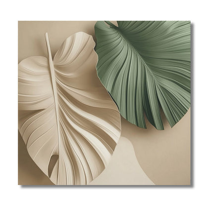 Original contemporary botanical wall art: 3D-effect tropical leaves in sage green and beige; minimalist, neutral tone for modern decor.