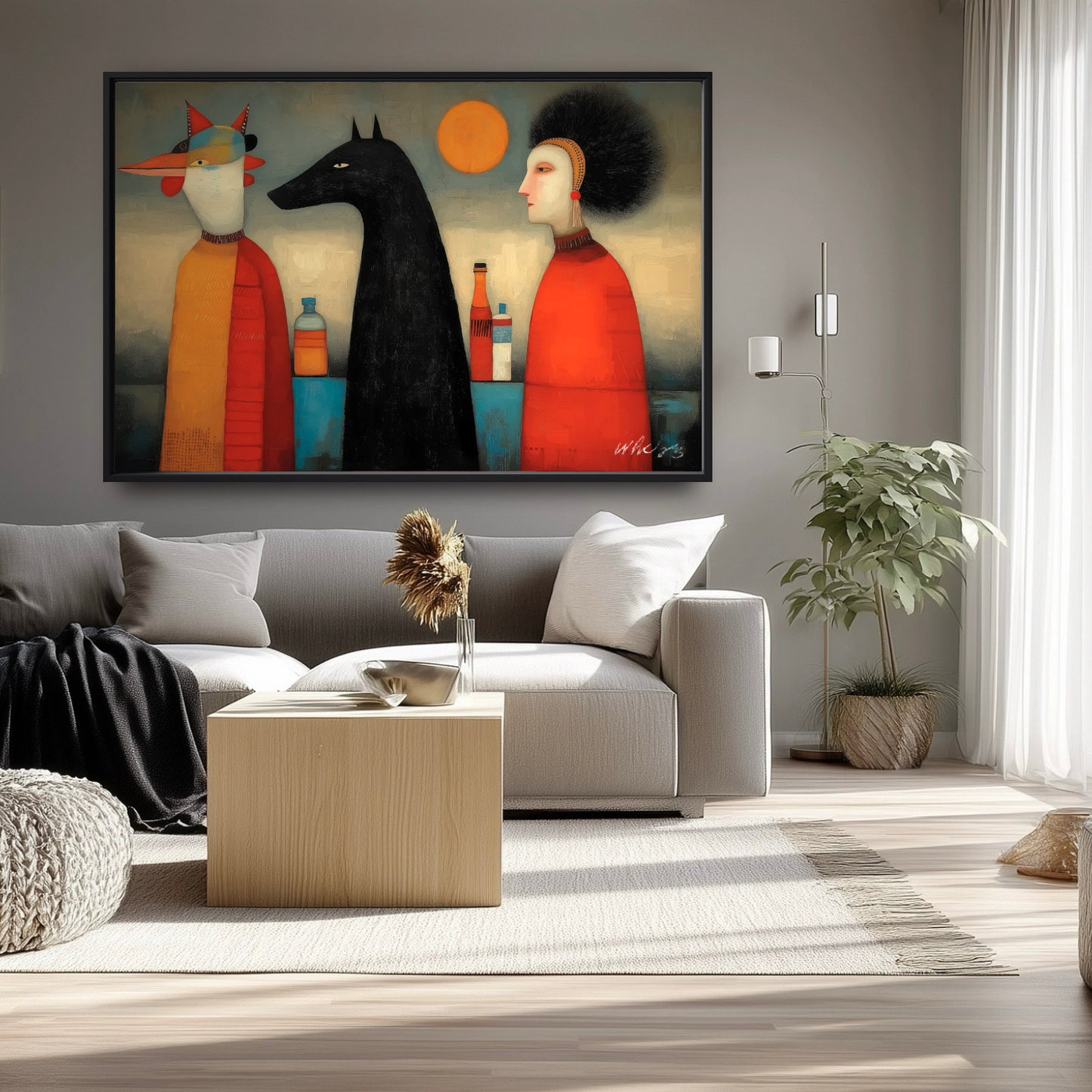 Oversized horizontal painting mounted above a low-profile white sideboard, defining the focal point of a sleek gallery wall.