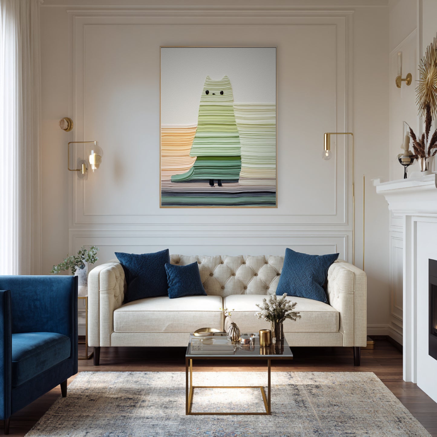 Tall original modern cat painting provides an unexpected whimsical element above a formal tufted sofa in a traditional space.