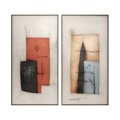 Original abstract diptych. Textured red, black, tan, and blue geometric blocks with thin lines. Modern minimalist art set. Neutral/warm tones.