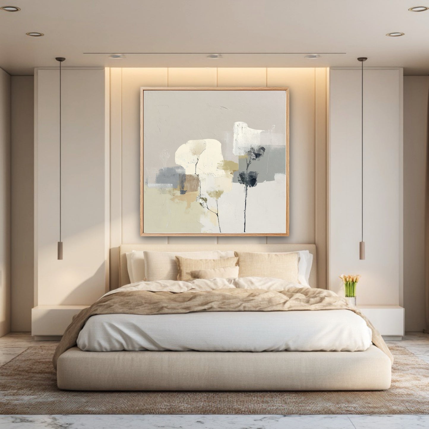 A serene abstract floral painting creates a tranquil focal point above an upholstered bed in a sophisticated, modern neutral bedroom.