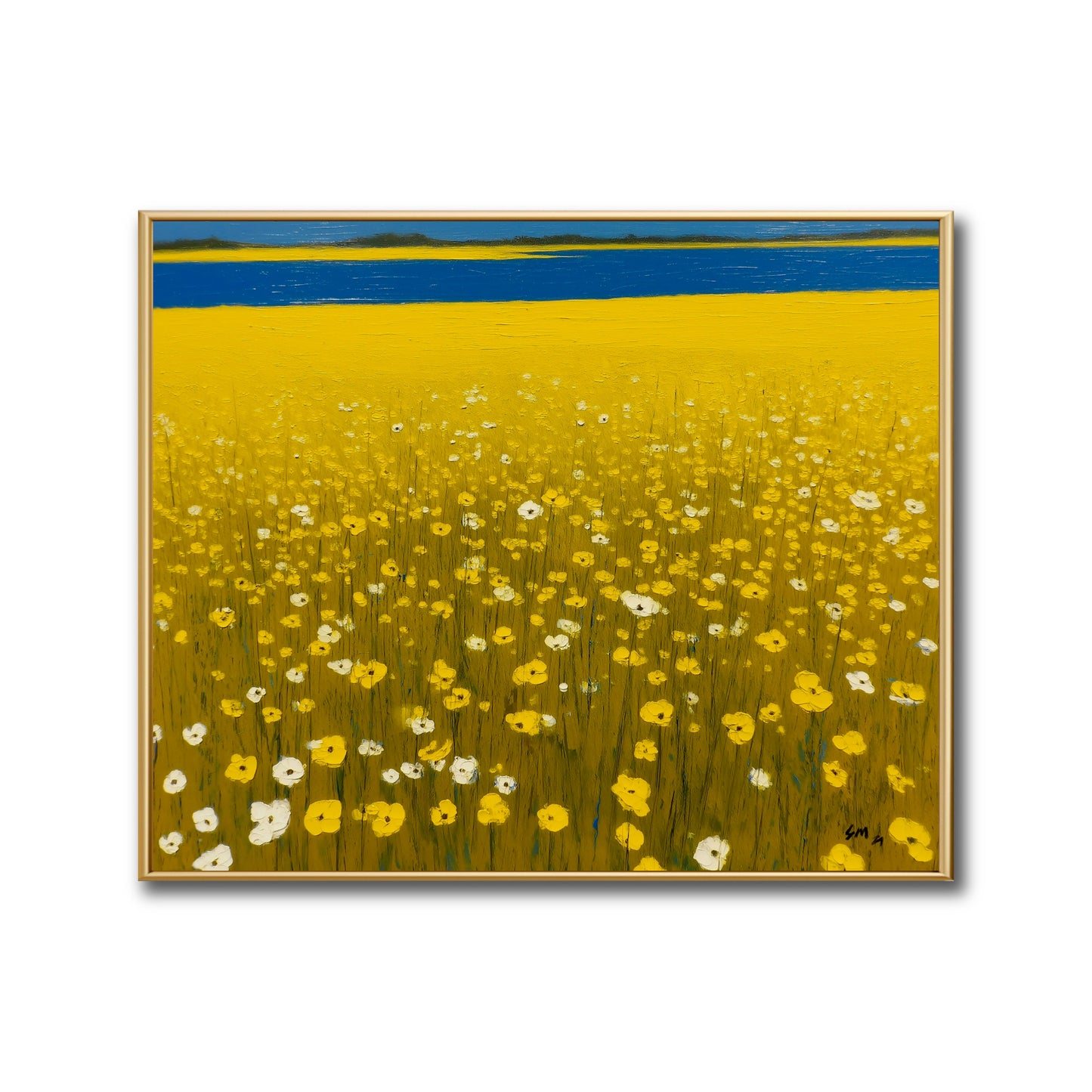 Original yellow field landscape painting. Vibrant blue horizon and textured wildflowers. Contemporary colorful floral wall art.
