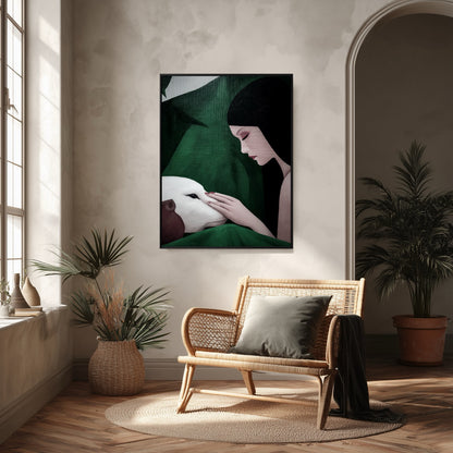 Original oil painting anchors a bohemian, rustic corner. Rattan chair, archway, textured walls, and abundant natural light from a large window.