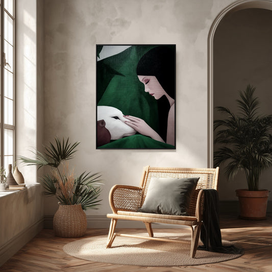 Original oil painting anchors a bohemian, rustic corner. Rattan chair, archway, textured walls, and abundant natural light from a large window.