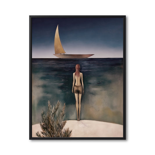 Original figurative painting of a woman on a beach looking at a sailboat. Cool-tone colors, blue and gold. Modern, surreal art.