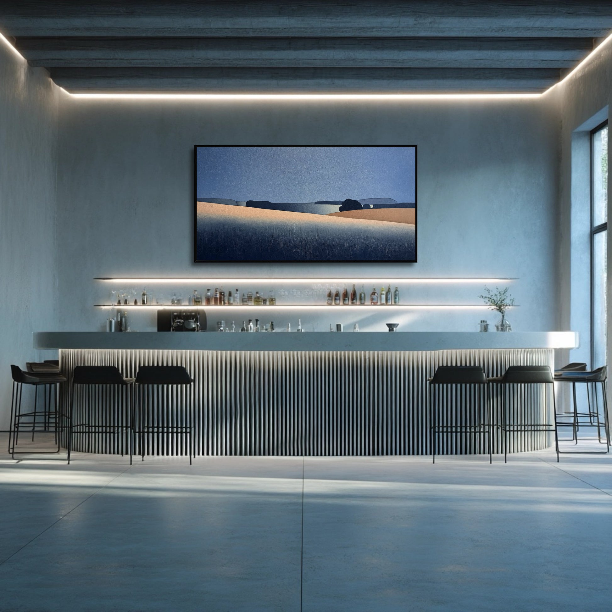 Sleek abstract landscape art illuminates a modern bar area with black stools and minimalist lighting, creating sophisticated ambiance.