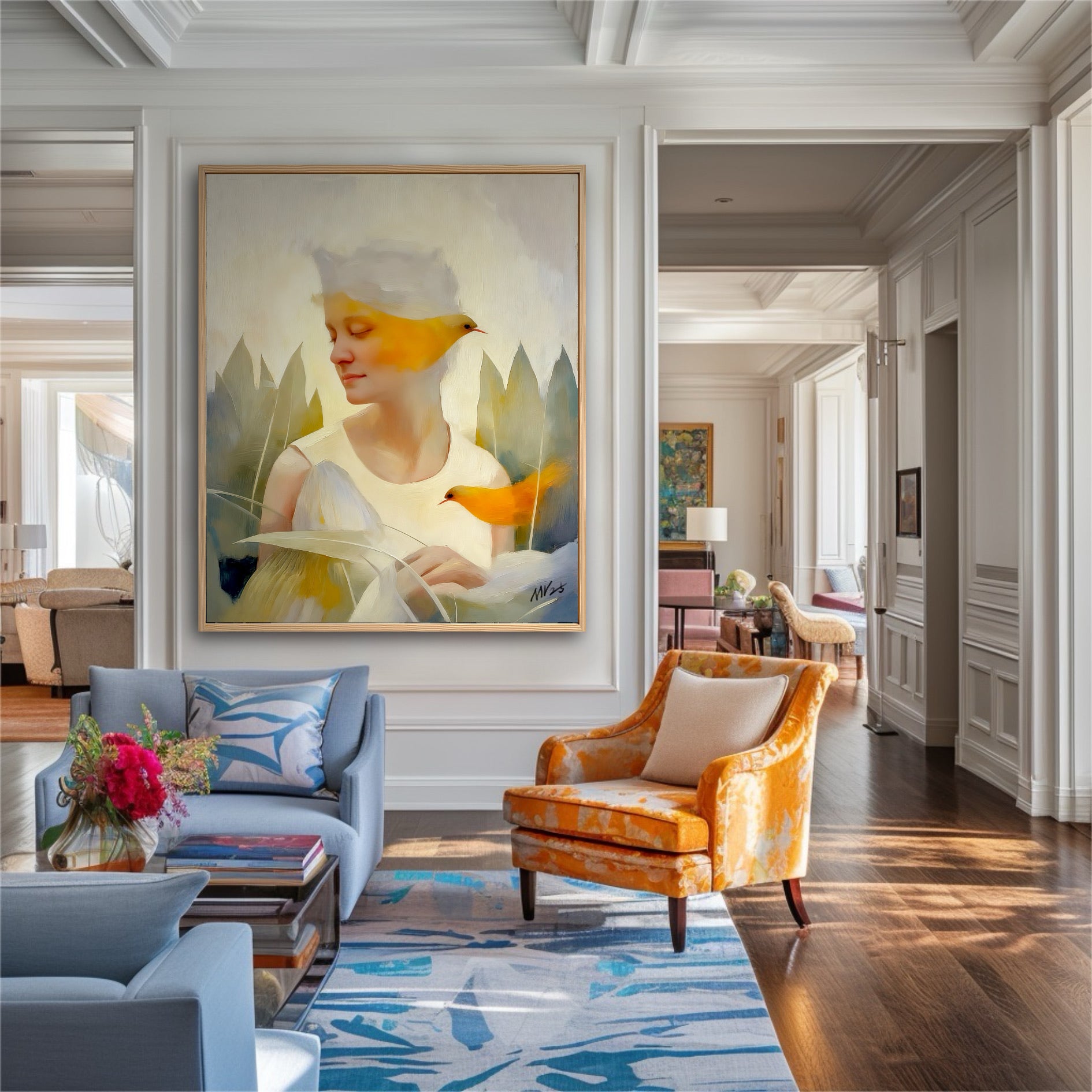 Large framed surreal art in a luxury classic lounge. Yellow accents in the painting coordinate with orange velvet furniture.