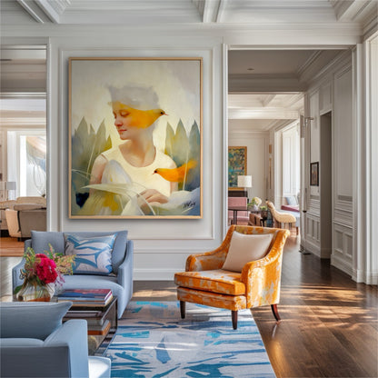 Large framed surreal art in a luxury classic lounge. Yellow accents in the painting coordinate with orange velvet furniture.