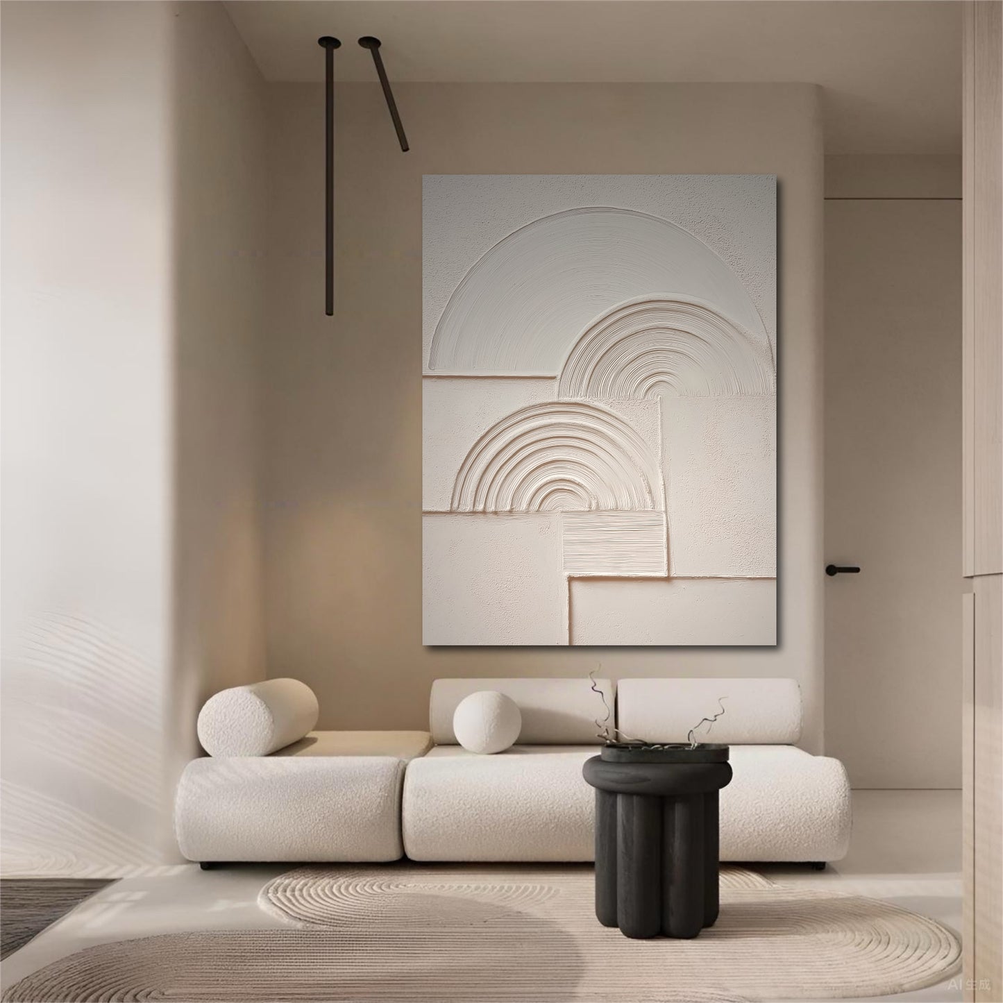 Large white-on-white textured art in an ultra-minimalist room with a white bouclé sofa and a black side table.