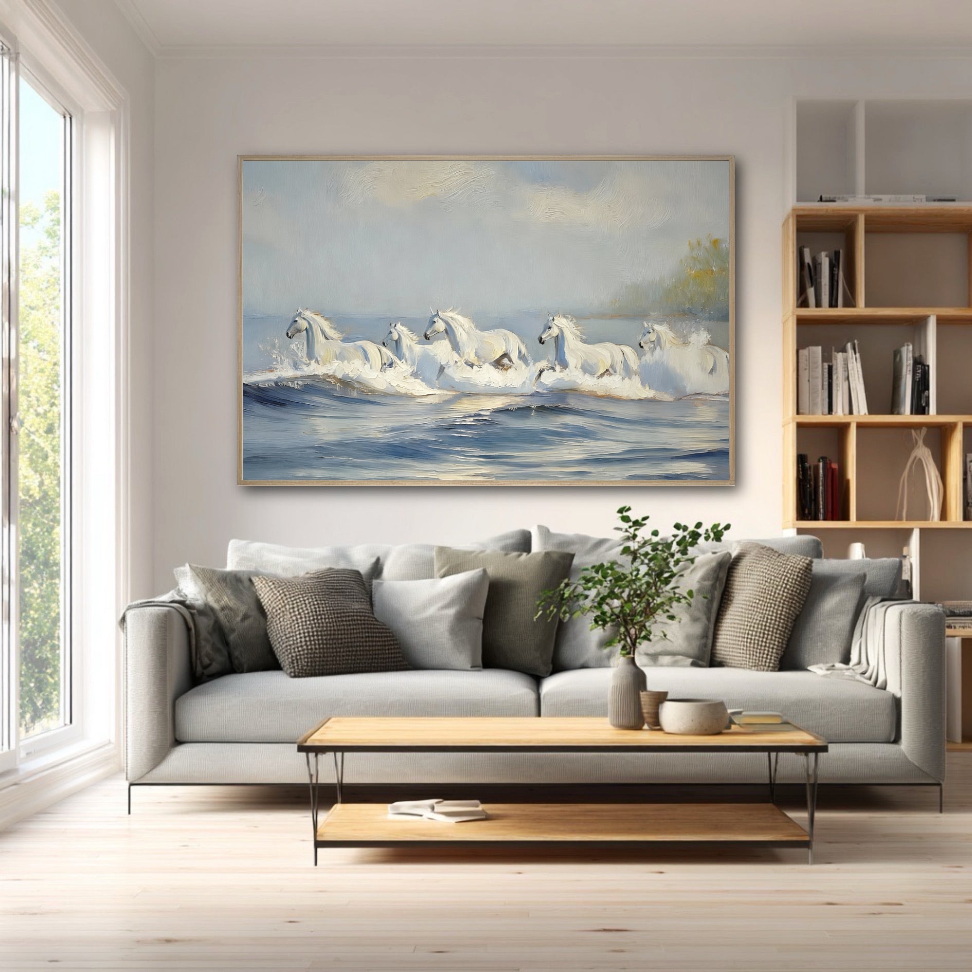 A large horse painting hangs in a bright, airy living room above a gray sofa, next to a wooden bookcase.