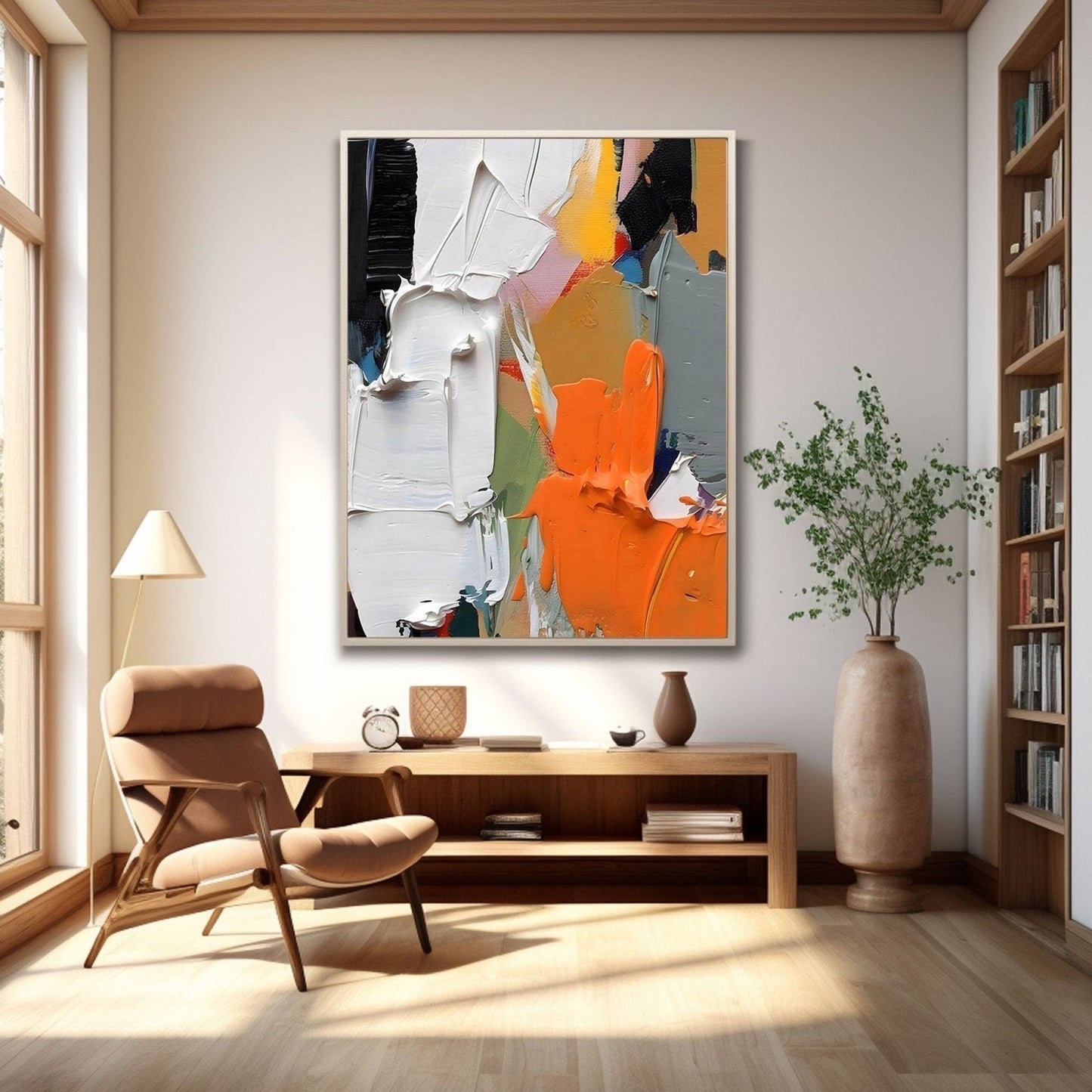 Original art above a wooden console, lending vibrant warmth to a cozy reading nook with a plush armchair and bookshelf.