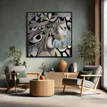 An abstract cubist portrait hangs on a textured sage green wall above a wood console, flanked by two mid-century modern armchairs.