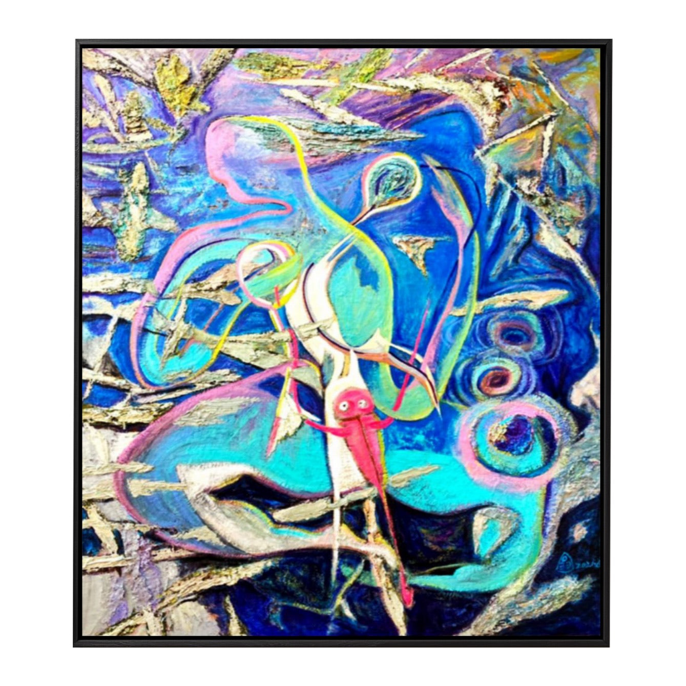 A sophisticated abstract hand-drawn oil painting: a vertical sea man portrait in rustic strokes, cold, and blue tones.