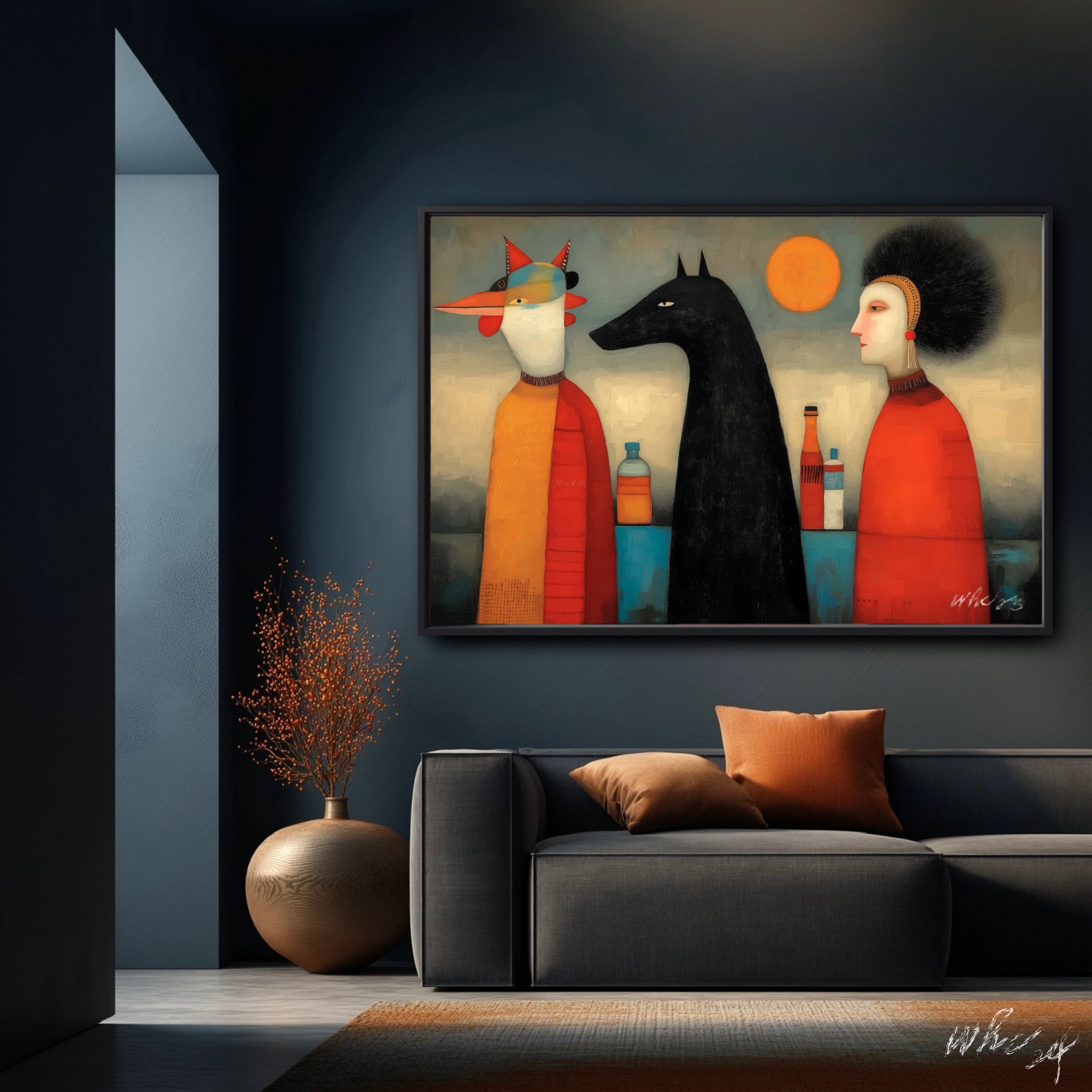 Dramatic surrealist wall art sets a stoic, sophisticated mood in a dimly lit, contemporary lounge with ambient lighting.