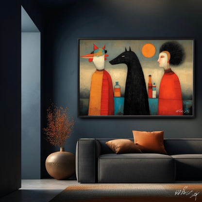 Dramatic surrealist wall art sets a stoic, sophisticated mood in a dimly lit, contemporary lounge with ambient lighting.