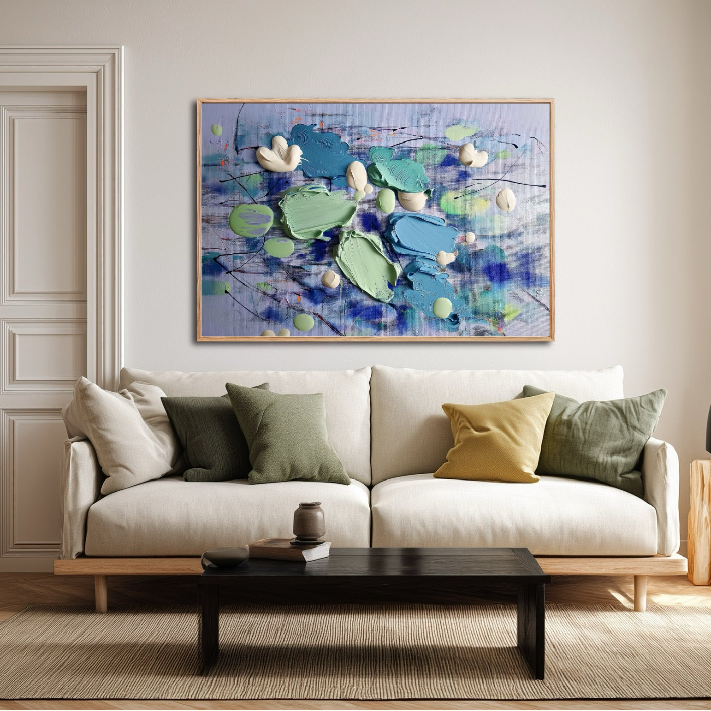 Abstract art complements the cozy, minimalist living space, adding a pop of cool color above the inviting sofa.