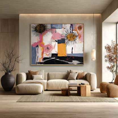 A room pic shows an expressionist deco painting, creating elegant, playful, pop, cute, whimsical, and sophisticated vibes.	