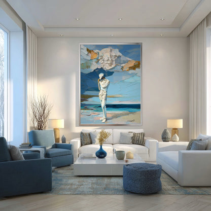 Abstract figure painting in bright family room. Ocean blue hues match the armchairs for a cohesive, airy coastal interior style.