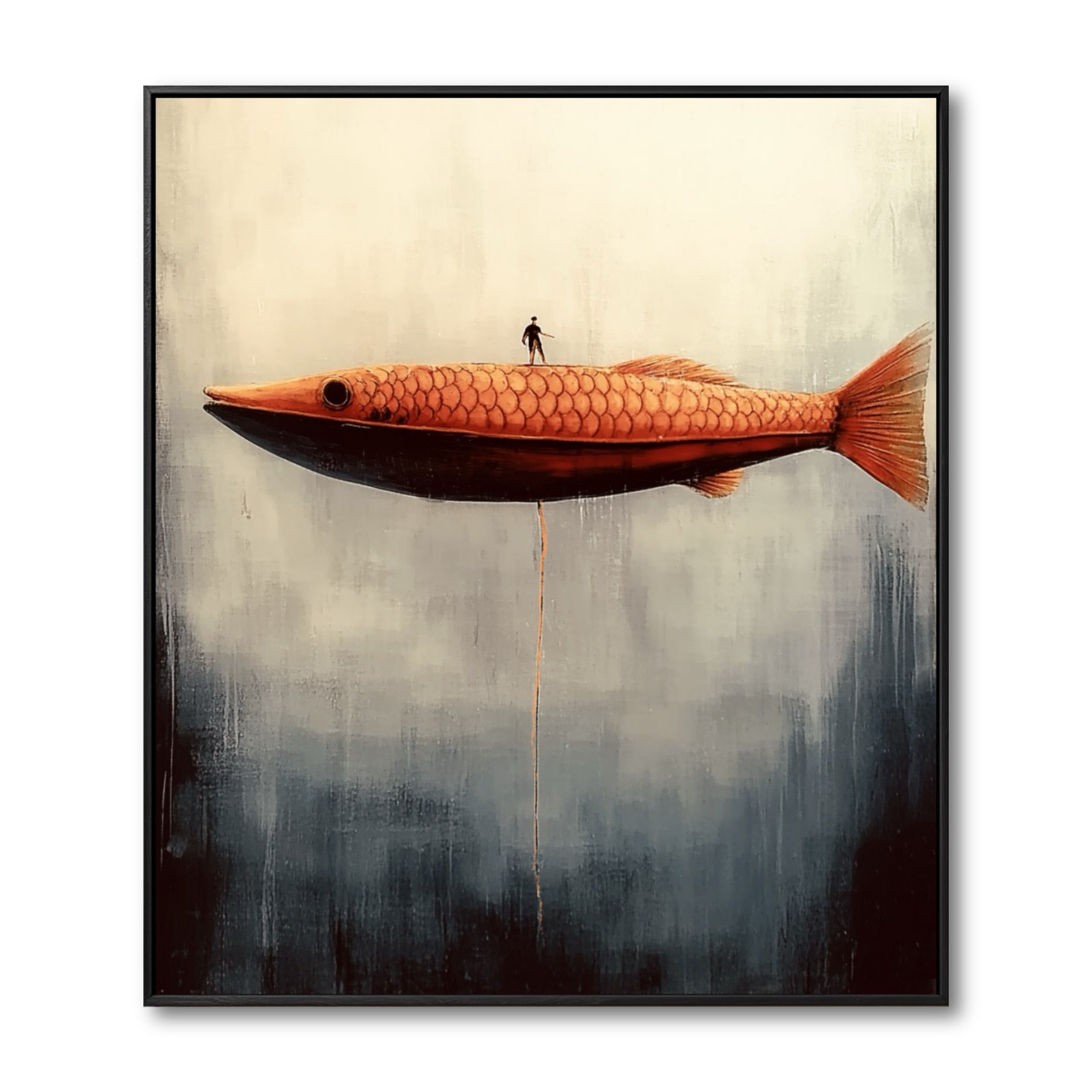 Original surreal painting of a figure on a large orange fish. Figurative art with a balanced, warm and cool-tone abstract background.