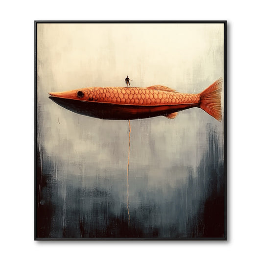 Original surreal painting of a figure on a large orange fish. Figurative art with a balanced, warm and cool-tone abstract background.