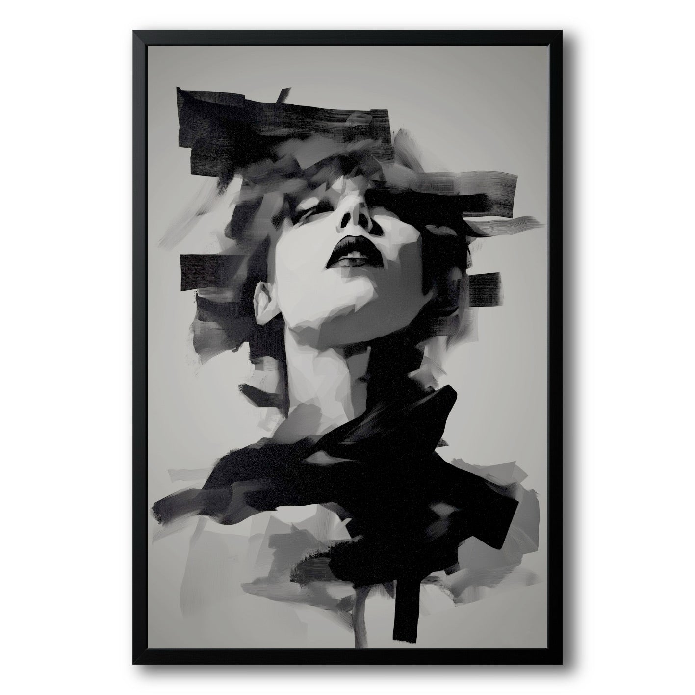 Original framed black and white painting of a woman's face, deconstructed by thick, expressive, smearing brushstrokes.