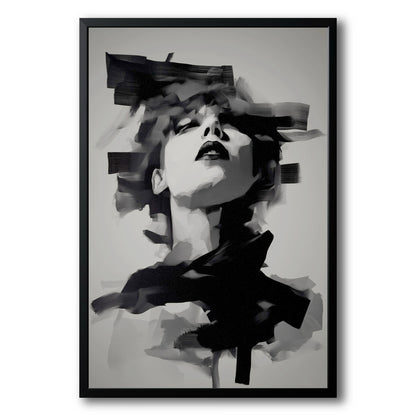Original framed black and white painting of a woman's face, deconstructed by thick, expressive, smearing brushstrokes.