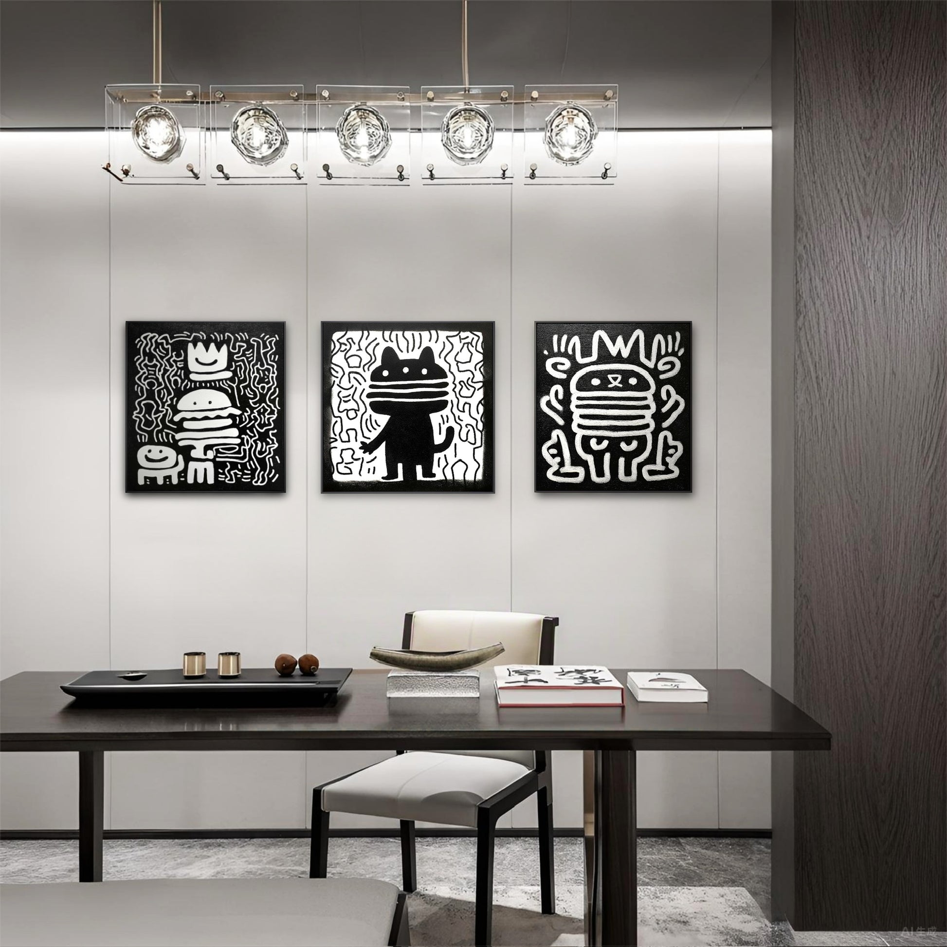 Modern home office with three playful black and white street art canvases over a dark wood desk with stylish task chair.