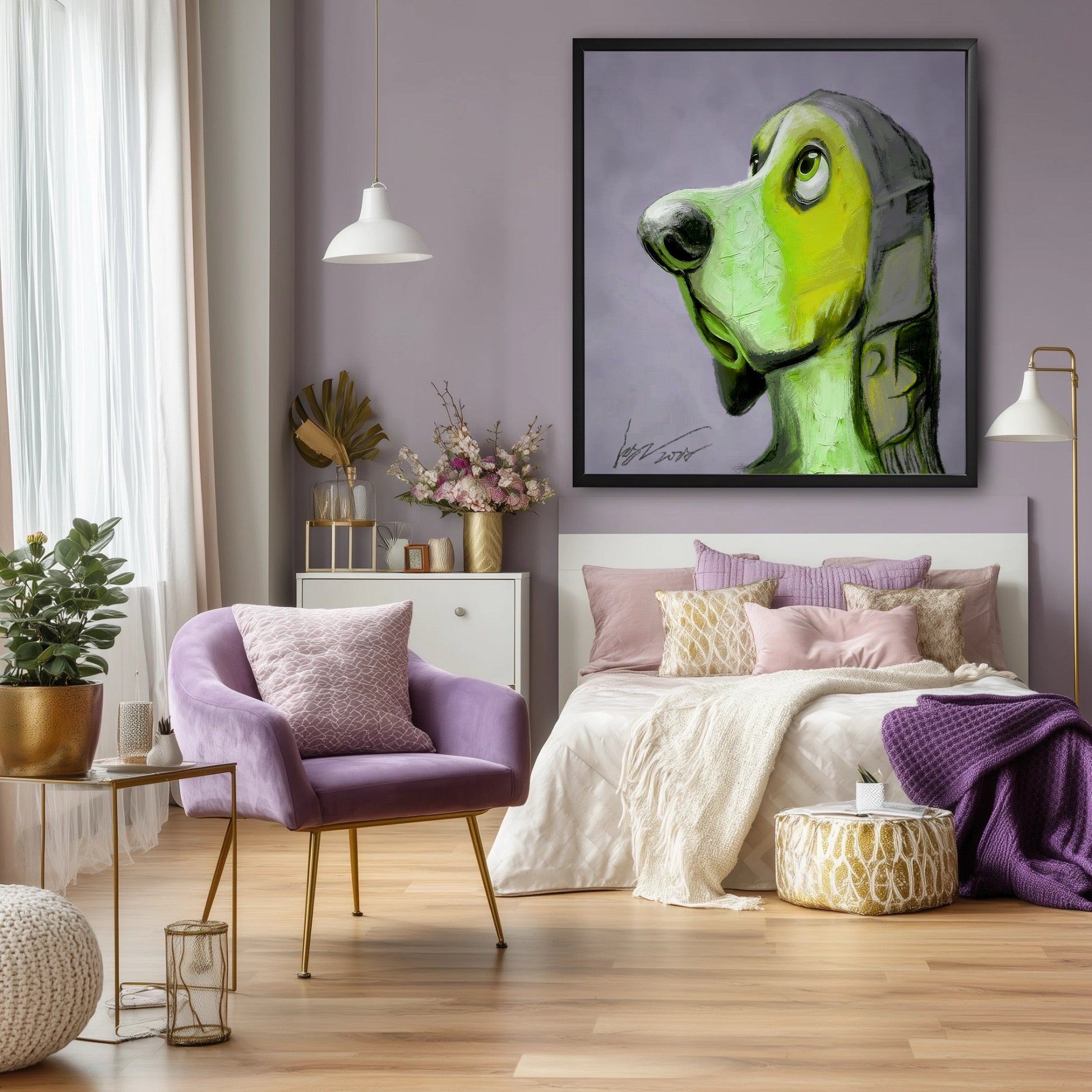 Funny green dog art hangs on a blue wall above a grey sofa with colorful pillows, adding humor to a modern boho living room.
