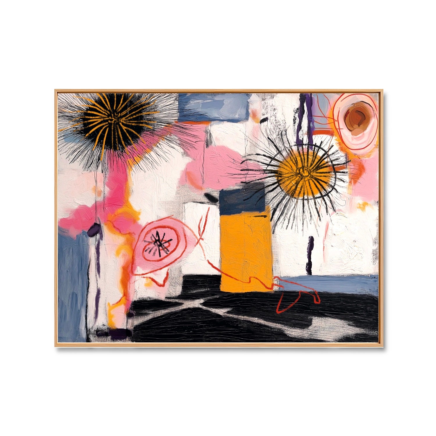 A whimsical abstract hand-drawn oil painting: a horizontal nature elements landscape in rustic strokes, warm, and pink tones.