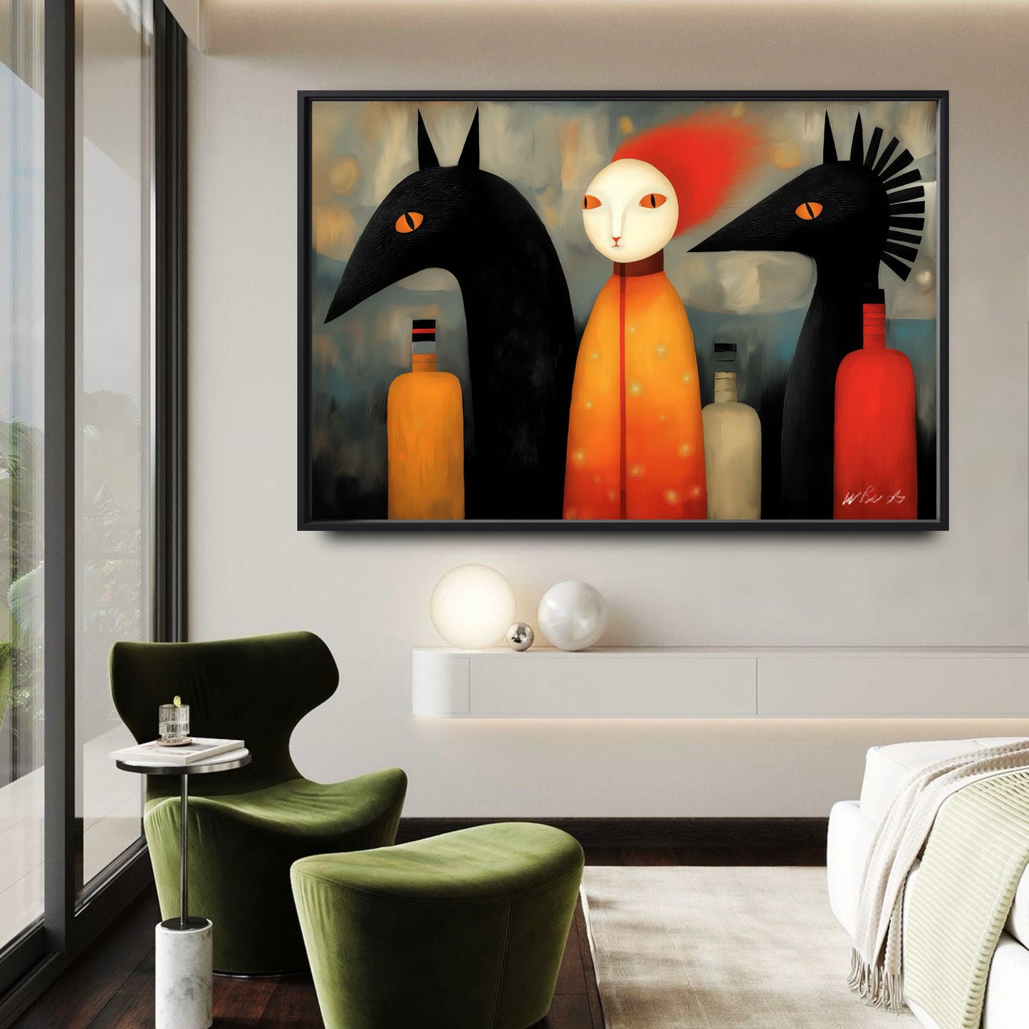 Modern living room featuring a warm amber painting that perfectly complements the rich forest green velvet accent chairs.