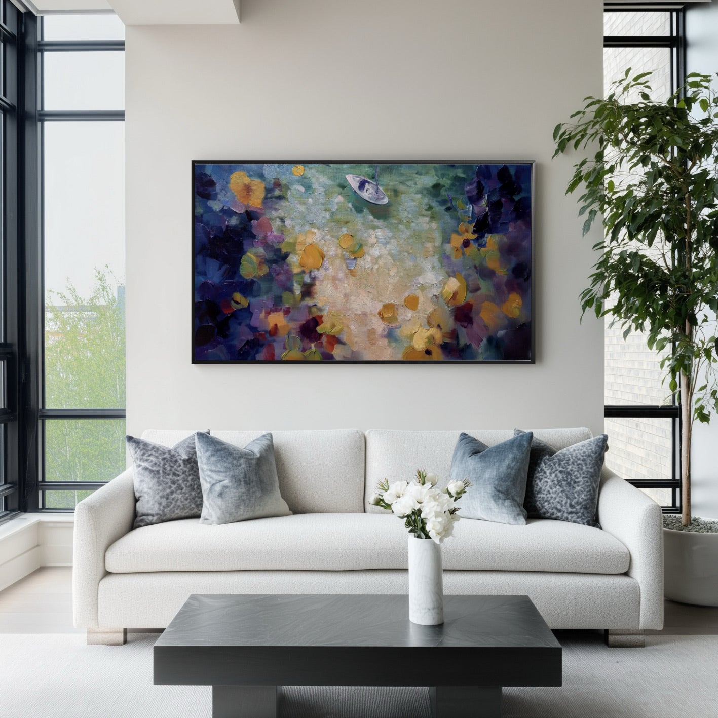 Large abstract impasto boat painting anchoring a high-ceiling living space with floor-to-ceiling windows and a sleek white sofa.