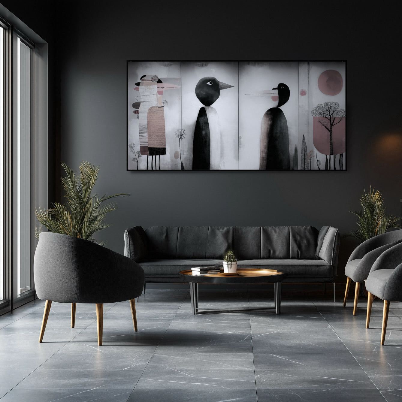 Horizontal original abstract art provides a strong focal point against a dark gray wall in a sleek, modern office lounge.