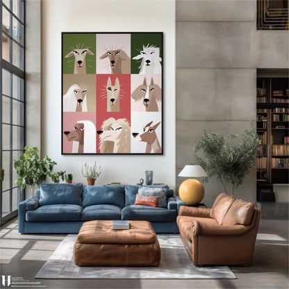 Expressive dog painting provides a playful focal point above a blue sofa, softening the concrete and industrial elements.
