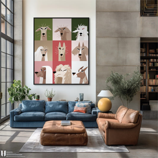 Expressive dog painting provides a playful focal point above a blue sofa, softening the concrete and industrial elements.