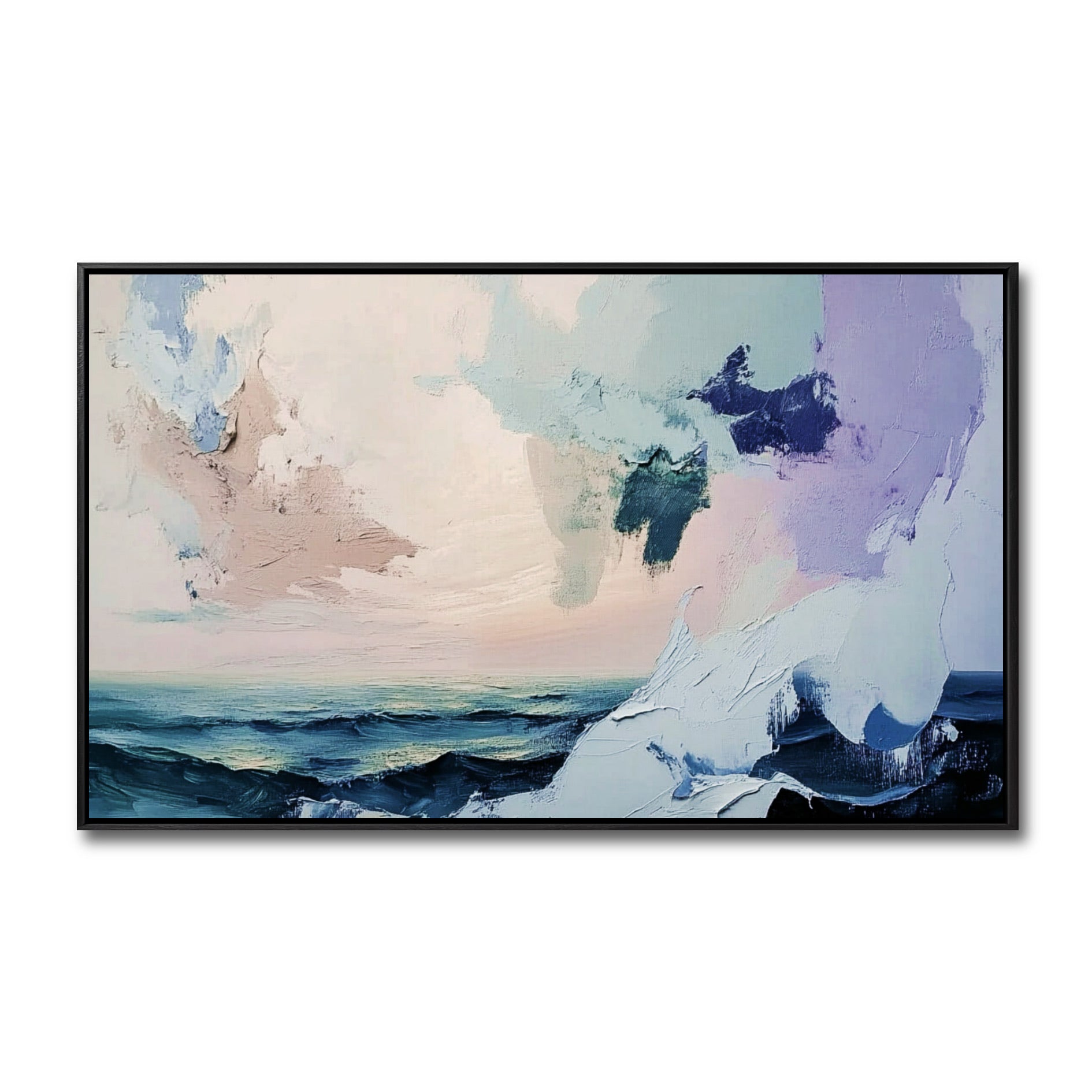 Original abstract oil painting of a textured ocean in deep blue, with a soft pink, lavender, and white abstract sky.