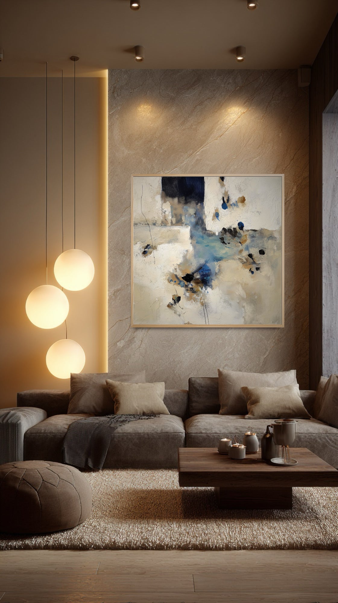 Abstract painting provides a cool focal point in a warm, contemporary media room; complements the stone wall, globe pendant lighting, and earthy neutral velvet furniture.