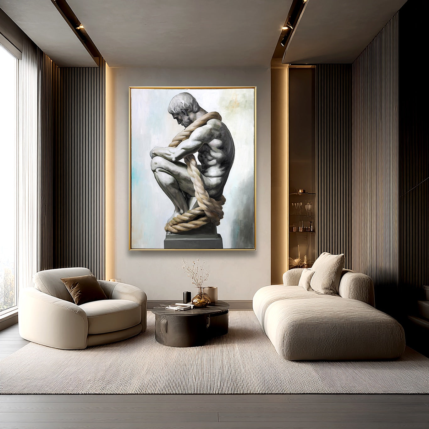 Modern living room with a large framed sculpture on the wall