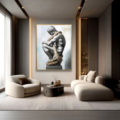 Modern living room with a large framed sculpture on the wall