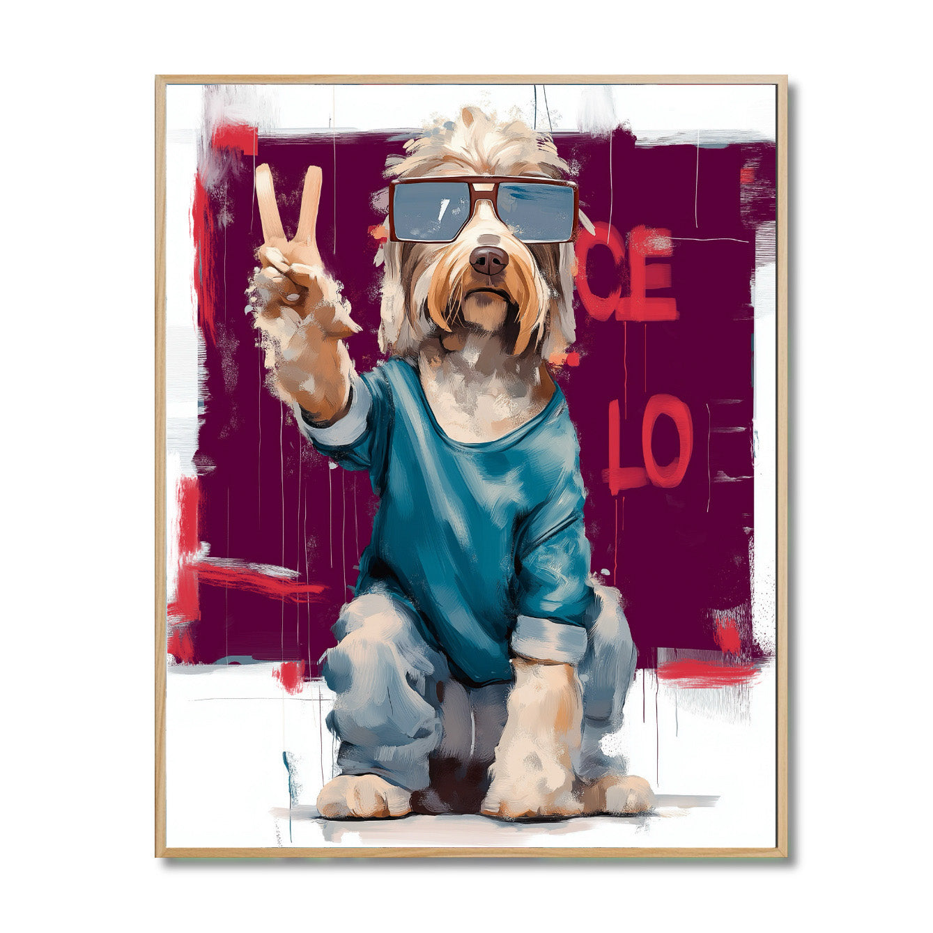 Original abstract dog painting in sunglasses and a blue shirt giving the peace sign. Street art style with purple and red.