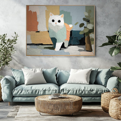 Textured cat painting hangs over a curved blue couch, adding cheerful color contrast to a rustic industrial space with a concrete wall and woven rattan table.