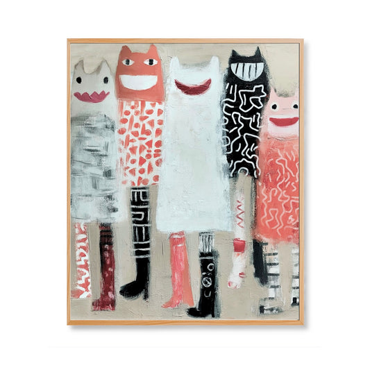 Original modern whimsical abstract figures painting. Vertical group portrait with high texture. Pink, black, white, and neutral. Neutral/warm.