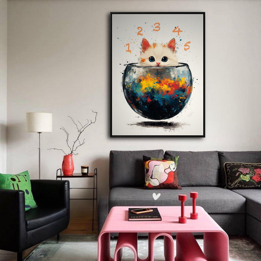 A whimsical cat painting adds a playful touch to an eclectic living room, its colors echoing the pink table and red vase.