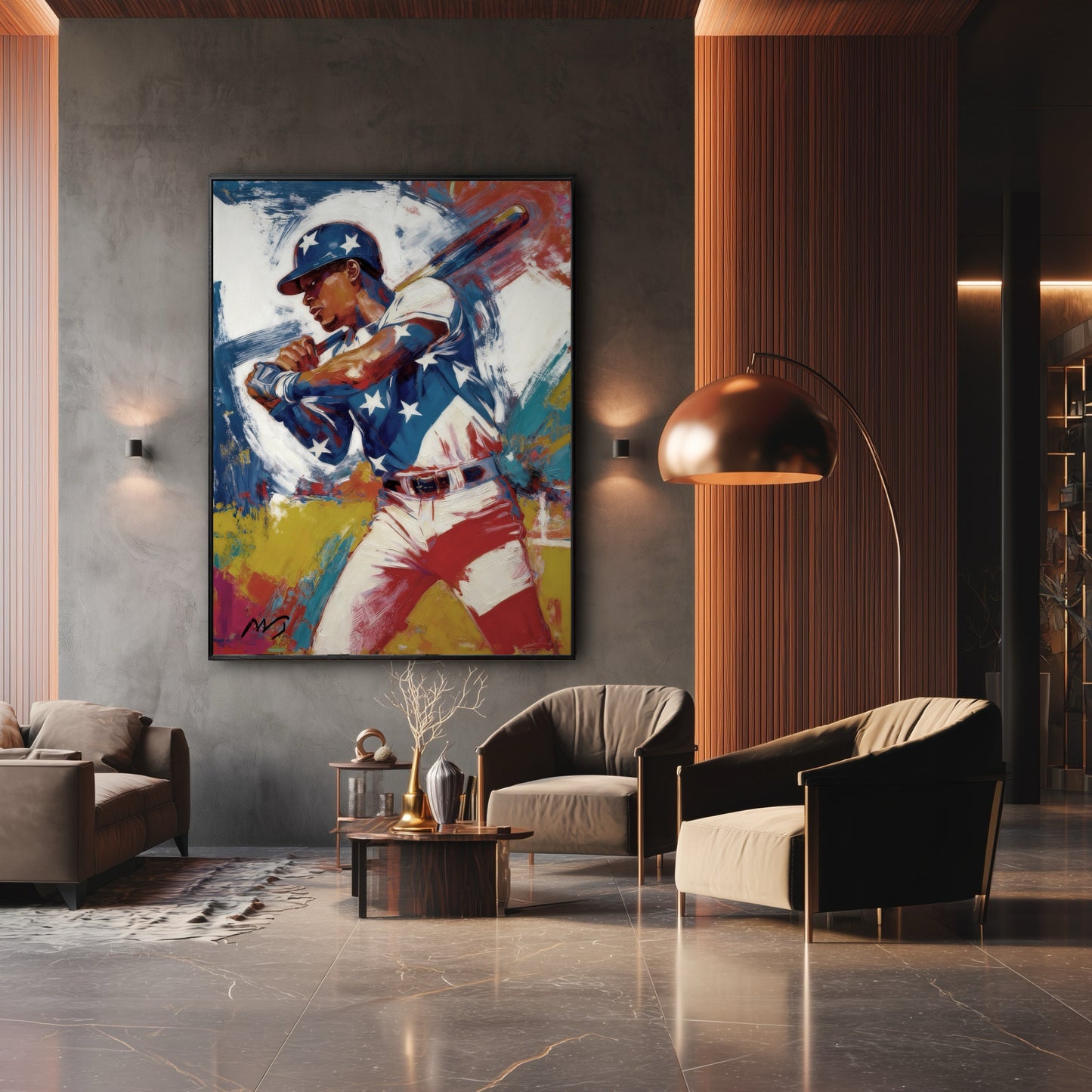 Framed baseball player painting in a dark, modern living room with a large copper floor lamp and minimalist furniture.