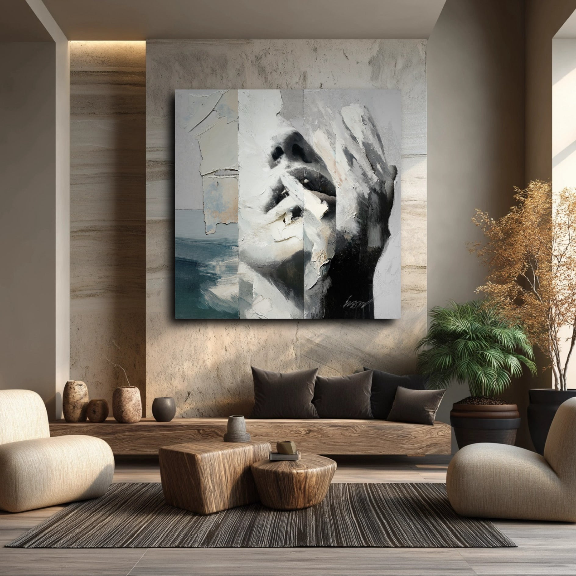 An abstract painting with a muted palette serves as a focal point in a spacious, warm-toned living room with natural wood elements.